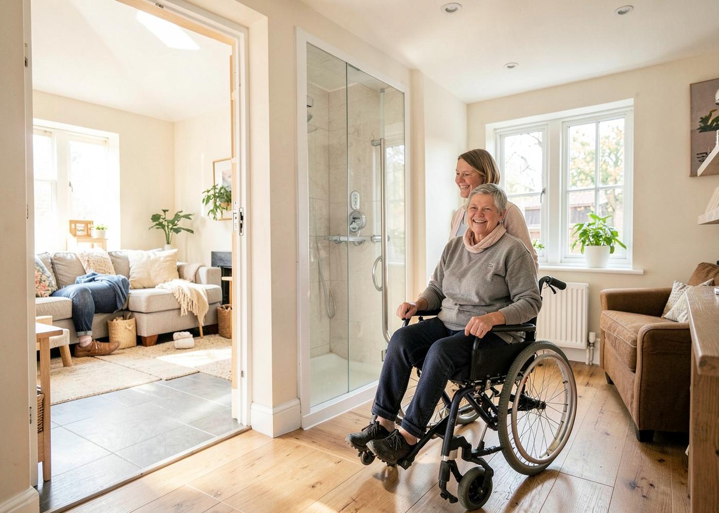 A wheelchair user in a bright adapted home with level access shower